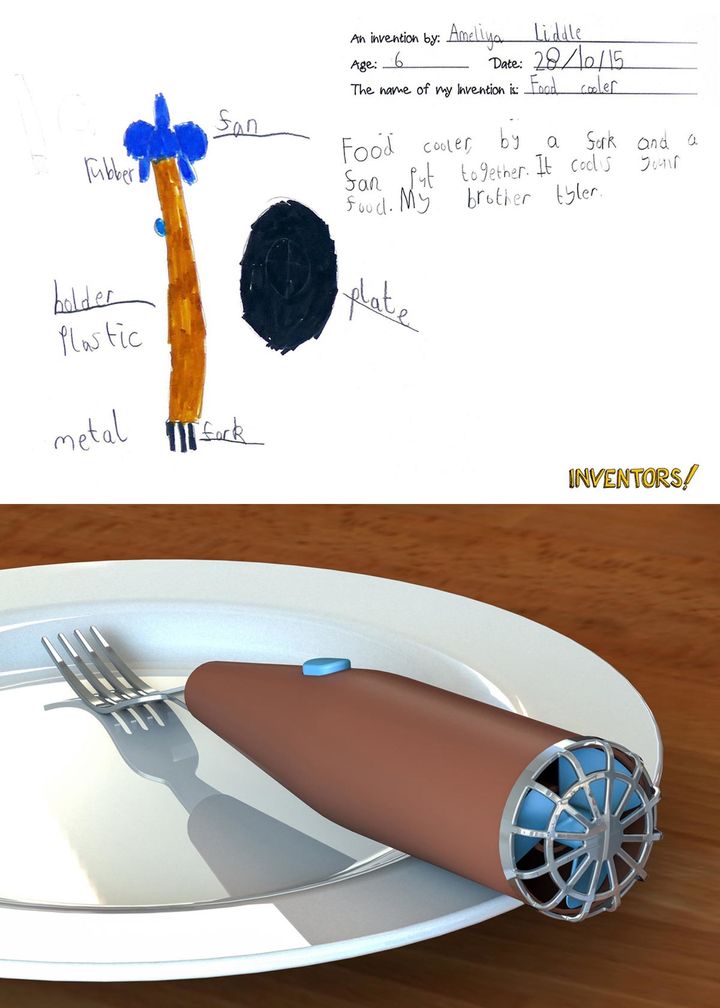 Ameliya, 6, drew her design for a food cooler fork.