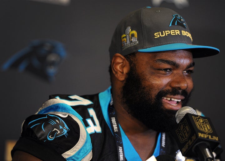 Carolina Panthers left tackle Michael Oher speaks at a news conference on Tuesday, Feb. 2, 2016, at the San Jose Convention Center in San Jose, California.