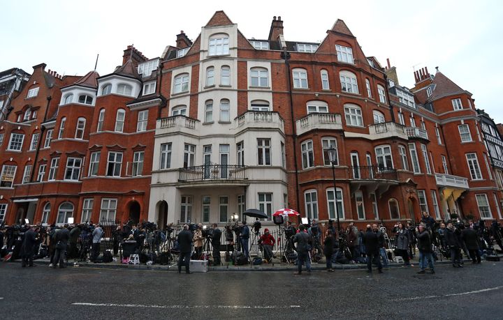 Members of the media wait outside the Ecuadorian embassy where Wikileaks founder Julian Assange continues to seek asylum following an extradition request from Sweden in 2012, on February 5, 2016 in London, England.