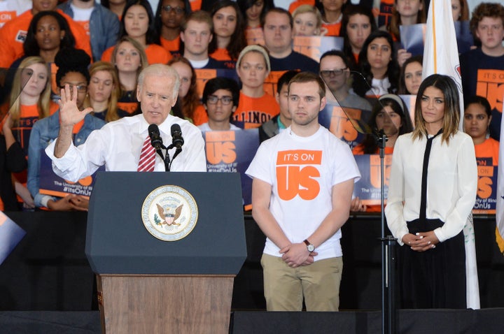 Vice President Joe Biden and actress Jessica Szhor speak at the University of Illinois at Urbana-Champaign to promote the "It's On Us" campaign.