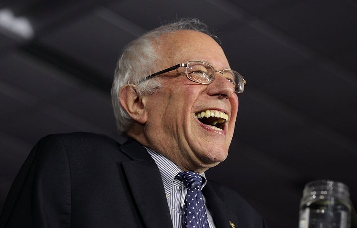 Bernie Sanders laughs as he realizes his joint appearance with Larry David will make Americans' minds collectively explode.