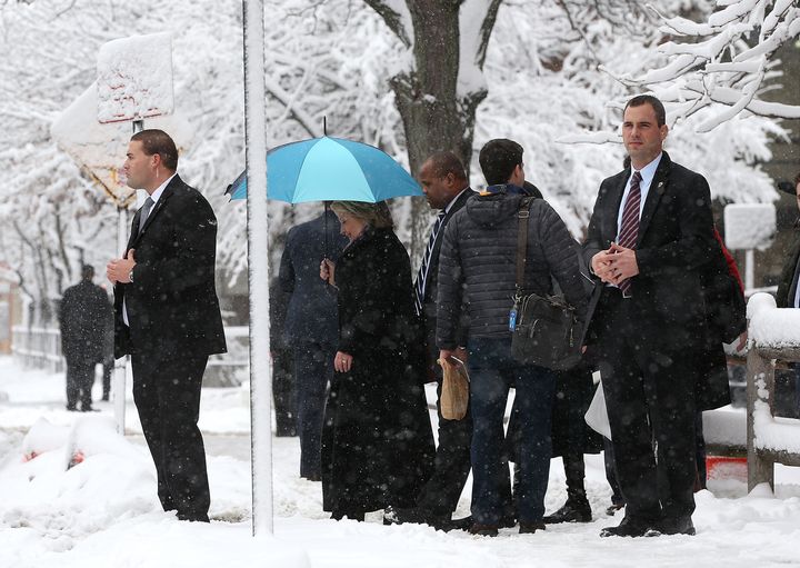 Hillary Clinton walks through the snow after a campaign event in Manchester, New Hampshire, on Feb. 5.