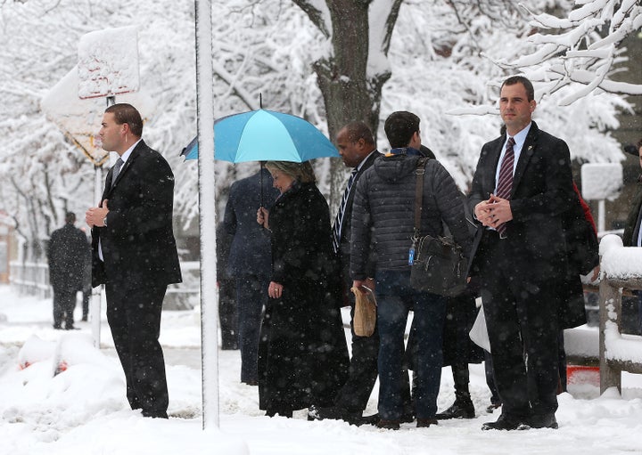 Hillary Clinton walks through the snow after a campaign event in Manchester, New Hampshire, on Feb. 5.