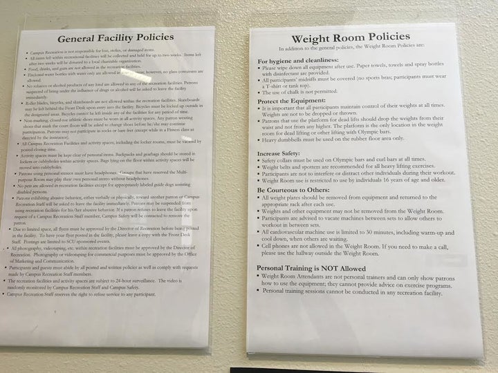 Gym and weight room policies at the Malley Fitness and Recreation Center at Santa Clara University