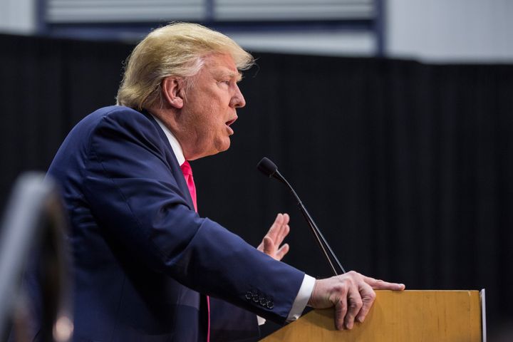 Republican presidential hopeful Donald Trump speaks at a rally at Great Bay Community College on Thursday in Portsmouth, New Hampshire. The real estate mogul took second place in the Iowa caucus on Monday.