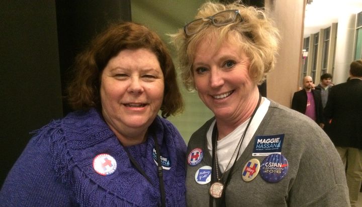 Cathy Koehler, 55, of Little Rock and Jana Teeter, 57, of Tillar, are part of the Arkansas Travelers helping Hillary Clinton in New Hampshire.