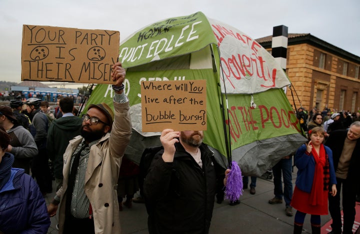 Advocates and local residents are angry that San Francisco's homeless people have to leave the area hosting Super Bowl City.