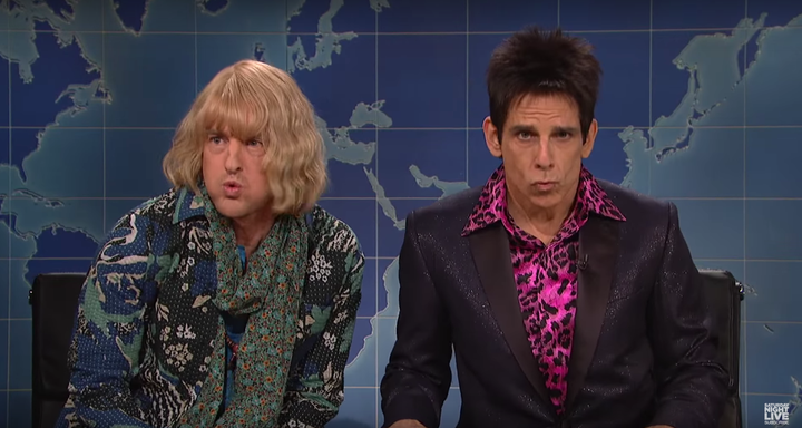 Hansel (Owen Wilson) and Derek Zoolander (Ben Stiller) talking politics and fashion on "Saturday Night Live," Feb. 6 2016. 