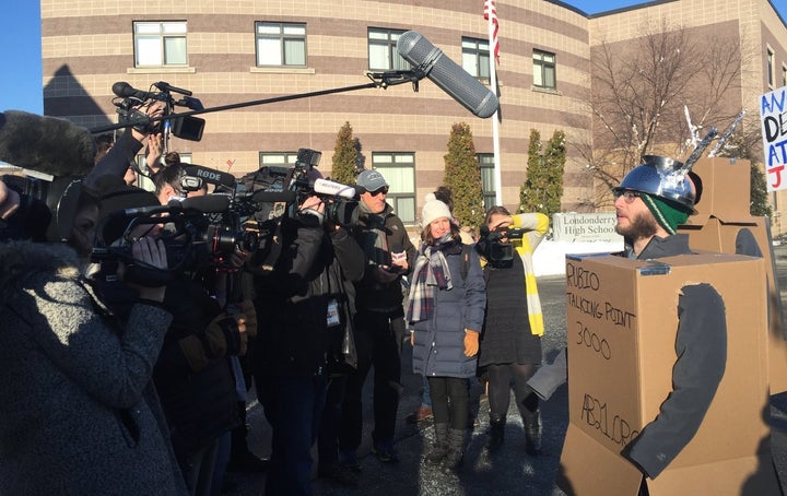 One of American Bridge's robots speaks to the press outside of Sen. Marco Rubio's (R-Fla.) town hall in Londonderry, N.H.