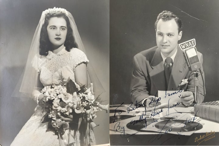 Left: My grandmother modeling a wedding dress in the photography studio where they met in 1948. Right: My grandfather po