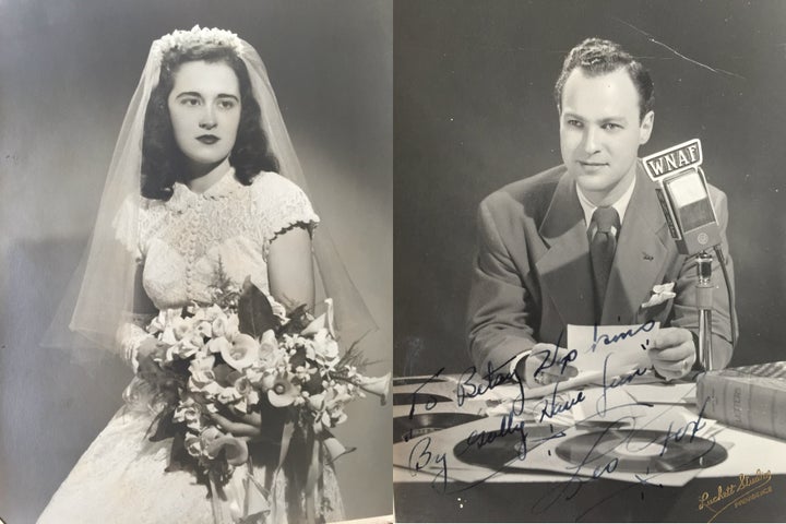 Left: My grandmother modeling a wedding dress in the photography studio where they met in 1948. Right: My grandfather poses for his radio personality "glamor shots" in the same studio (1948).