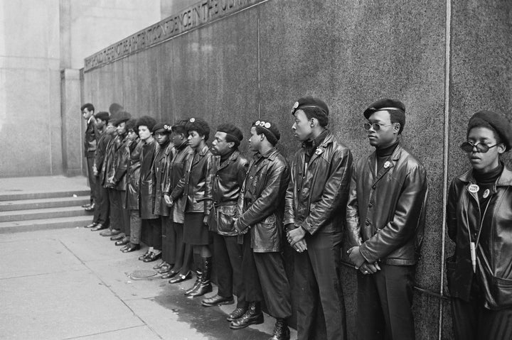 View of a line of Black Panther Party members as they demonstrate outside the New York City courthouse on April 11, 1969.