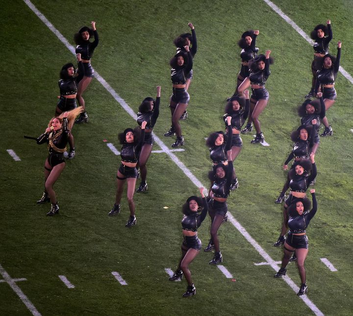 Beyoncé executes a powerful performance a during the halftime show at the Super Bowl. 