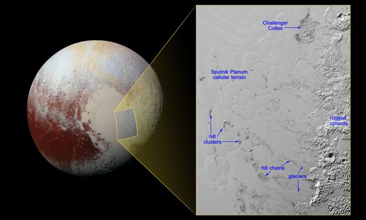 The icy floating hills of Pluto are located in the Sputnik Planum, or the planet's heart-shaped region.