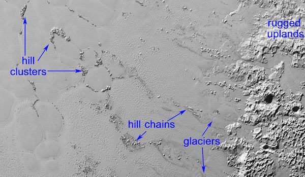 Some of the hill chains and hill clusters in the Sputnik Planum. 