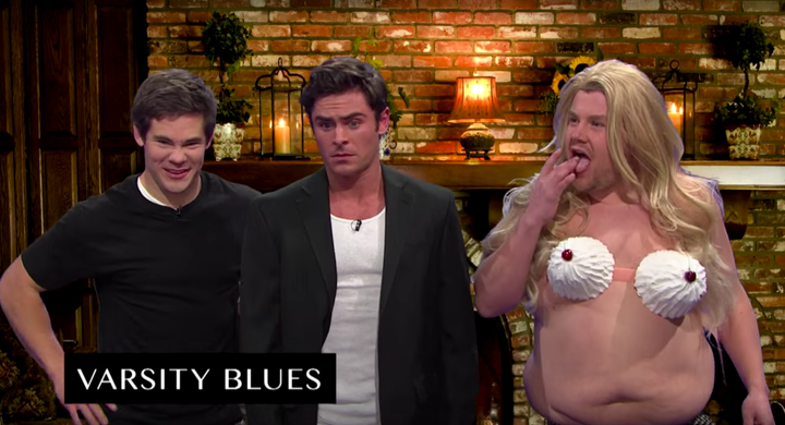 Adam DeVine, Zac Efron and James Corden, paying homage to Ali Larter's famous scene in "Varsity Blues."