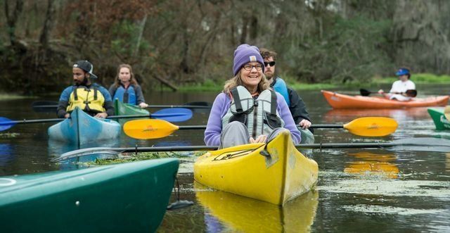 Cynthia Barnett, who teaches environmental journalism in the University of Florida's College of Journalism and Communications, enjoys a watery field trip kayaking on the Ichetucknee River with her students.