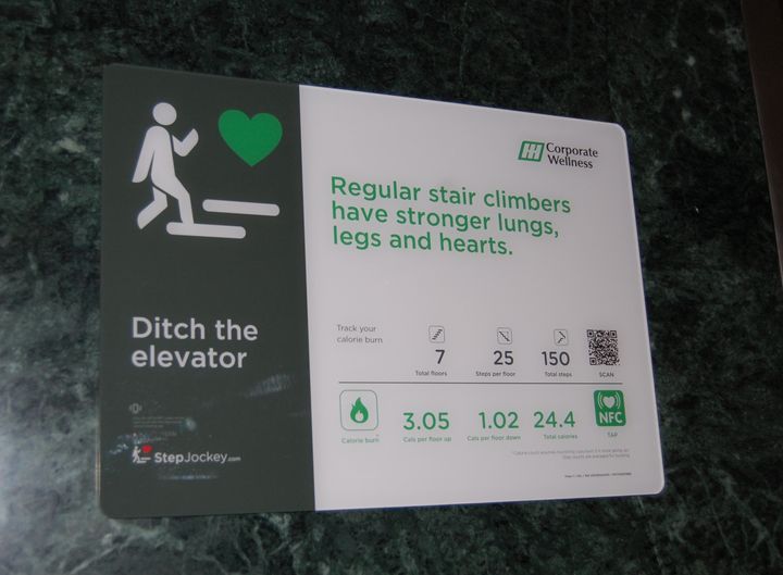 One of the signs posted around the hospital to inform people of the calorie-burning benefits of taking the stairs.