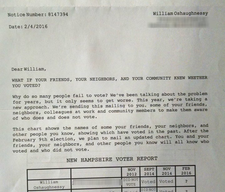 A letter sent to New Hampshire resident William O'Shaughnessy warns him that everyone will know whether he votes on primary day. 