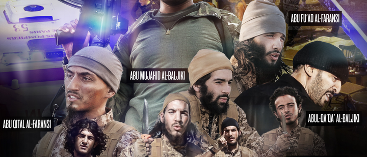 This excerpt from an issue of Dabiq shows stylized portraits of the Paris attackers. The magazine attempts to glorify Islamic State militants and terror attacks.