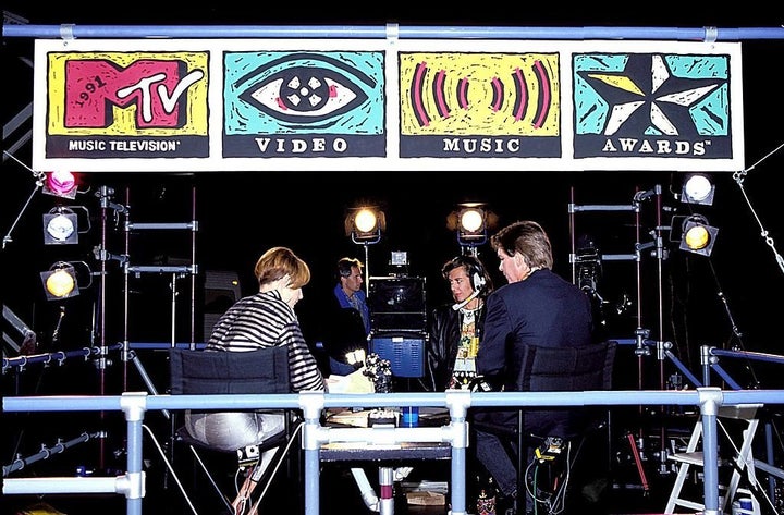 Good ol' days: MTV News hosts Tabitha Soren and Kurt Loder on set in 1991.