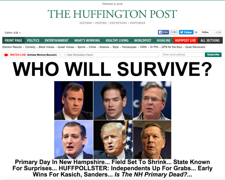 The Huffington Post's front page on the afternoon of the 2016 New Hampshire primary shows six GOP candidates in a purported fight for their political lives.