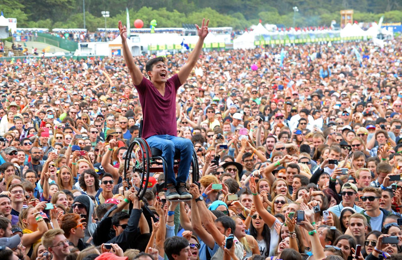 A music fan crowd surfs at the Lands End Stage during day 2 of the 2013 Outside Lands Music and Arts Festival at Golden Gate Park on August 10, 2013 in San Francisco, California.