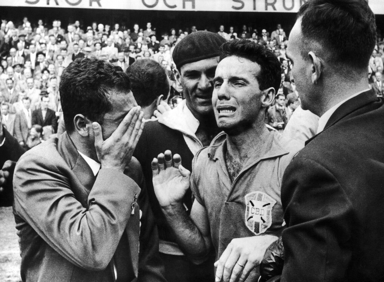 SWEDEN - JUNE 29: The Brazilian left winger Mariao ZAGALLO weeping for joy after the victory of his team on that of Sweden. The finals of the soccer World Cup (in Stockholm) was played between the Swedish and Brazilian players. Brazil won by 5-2.