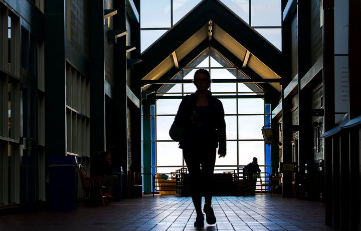 A Mount St. Mary's University student makes her way through the school's recreational facility in Emmitsburg, Maryl