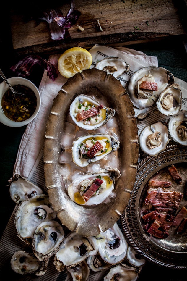 Grilled Oysters On The Half Shell With Prosciutto And Mignonette