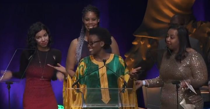 From left to right, Slack engineers Megan Anctil, Erica Baker, Kiné Camara and Duretti Hirpa accept an award for fastest-rising startup of the year at the 9th Annual Crunchies in San Francisco, Feb. 9, 2016.