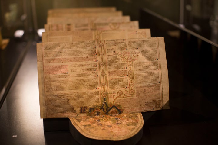 This original handwritten pigment on vellum from Italy, chronicling the biblical history from Adam to Jesus and containi