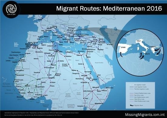 This map shows common routes that migrants and refugees are taking to cross the sea to Europe.