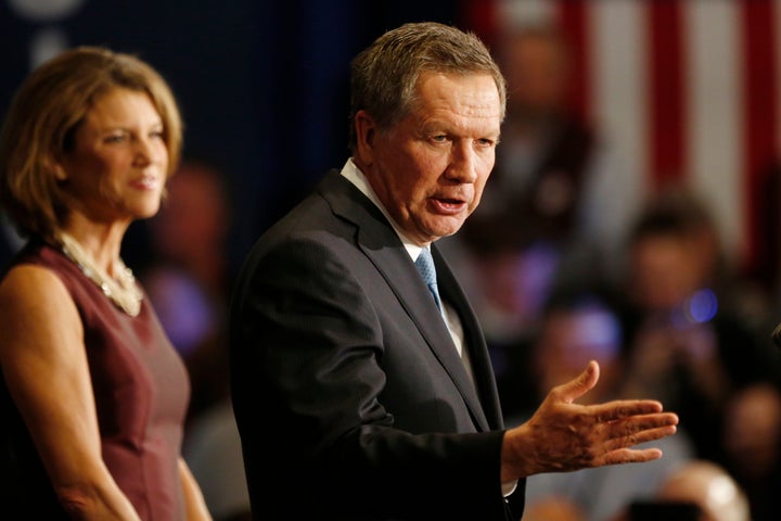 John Kasich speaks to supporters after finishing second in the New Hampshire primary on Tuesday. The Ohio governor holds staunch anti-abortion views.