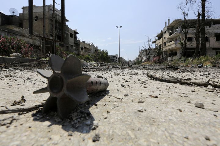 A mortar round in the Old City of Homs. Much of Homs lies in ruins after years of siege and fighting between rebels and government forces.