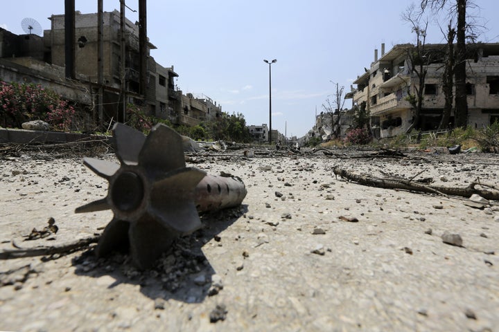 A mortar round in the Old City of Homs. Much of Homs lies in ruins after years of siege and fighting between rebels and gover