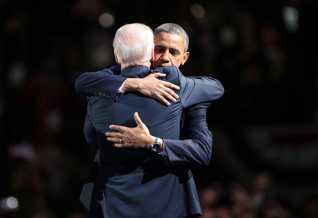 NOVEMBER 06: U.S. President Barack Obama and U.S. Vice President Joe Biden embrace on stage after his victory speech on election night at McCormick Place November 6, 2012 in Chicago, Illinois. Obama won reelection against Republican candidate, former Massachusetts Governor Mitt Romney.