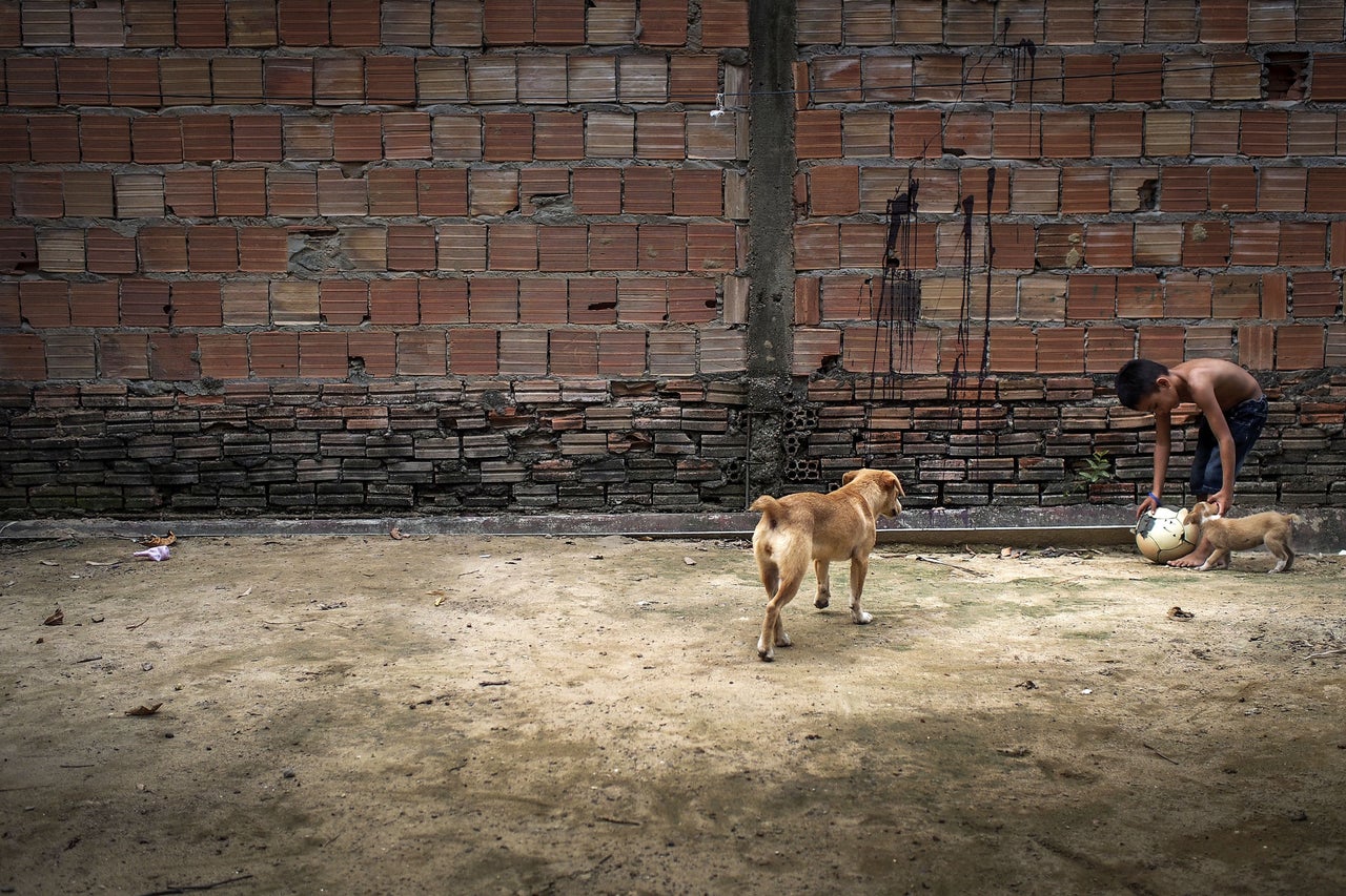 A young boy plays with a dog in a village in Brazil on October 20th, 2014. The village comprises 25 families and has been defined as the second urban 'quilombo' (a settlement inhabited by escaped slaves) to be recognized in Brazil. 