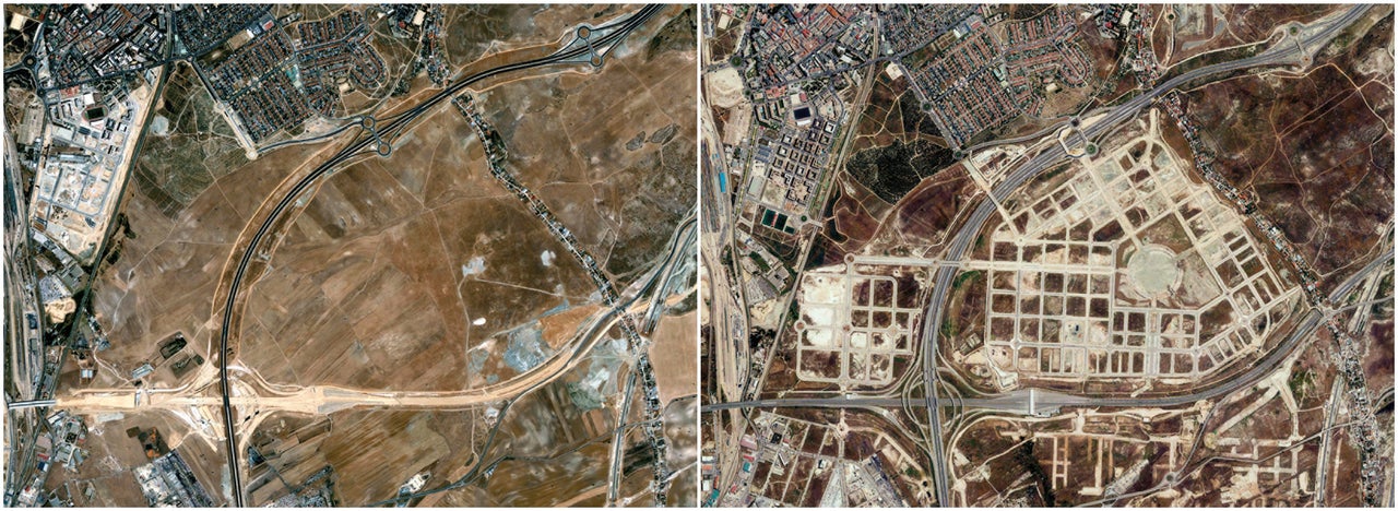 The El Cañaveral development, shown from above in 2002 and 2012, is located in central Spain.