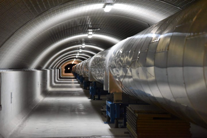 A 3-kilometers-long arm part of the Virgo detector at the European Gravitational Observatory used for the study of gravitatio