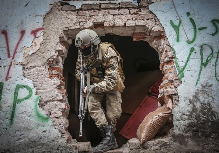 A Turkish soldier in a ruined neighborhood of Diyarbakir, one of the most important cities for the Middle East's Kurds, on January 21, 2016. Much of Turkey's Kurd-dominated southeast is now in tatters.