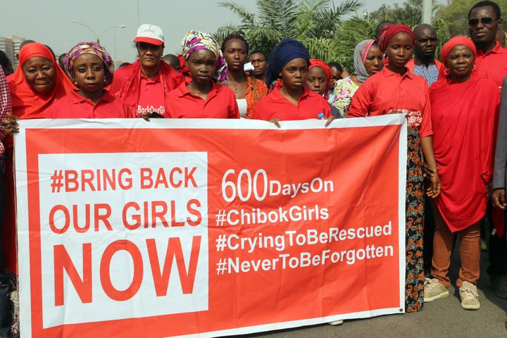 The militant group kidnapped nearly 300 schoolgirls from Chibok in April 2014, sparking international outcry. Nigeria's Bring Back Our Girls movement, seen here marching here in Abuja in January, are still pressing for the girls' return.