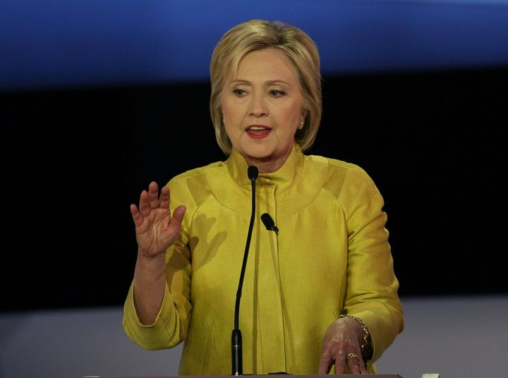Democratic presidential hopeful Hillary Clinton participates in the PBS NewsHour Presidential Primary Debate with Bernie Sanders in Milwaukee, Wisconsin on February 11, 2016.
