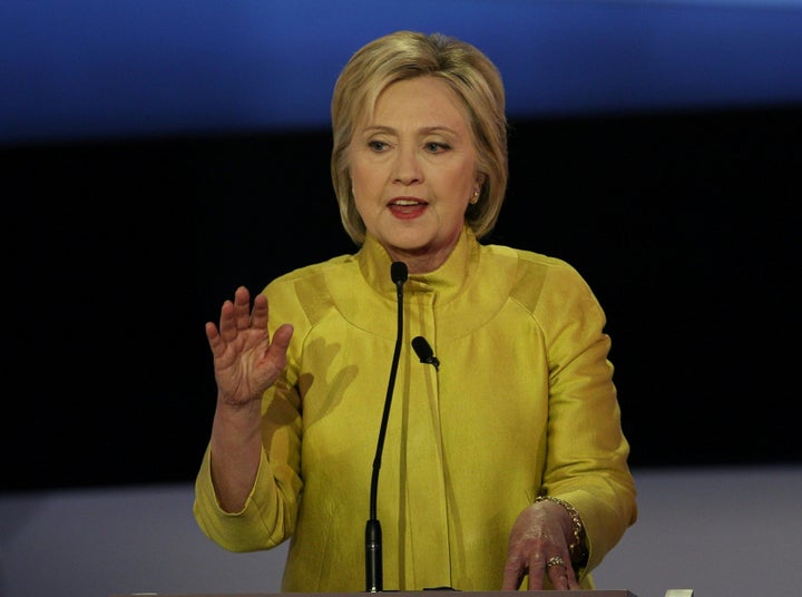 Democratic presidential hopeful Hillary Clinton participates in the PBS NewsHour Presidential Primary Debate with Bernie Sanders in Milwaukee, Wisconsin on February 11, 2016.