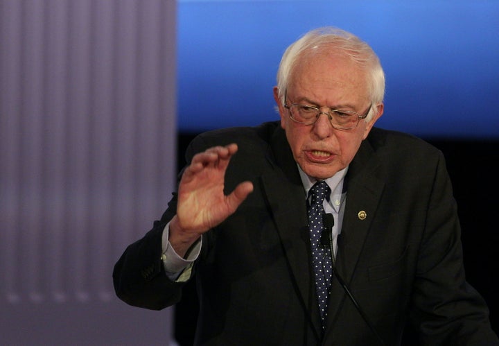Democratic presidential hopeful Bernie Sanders participates in the PBS NewsHour Presidential Primary Debate with Hillary