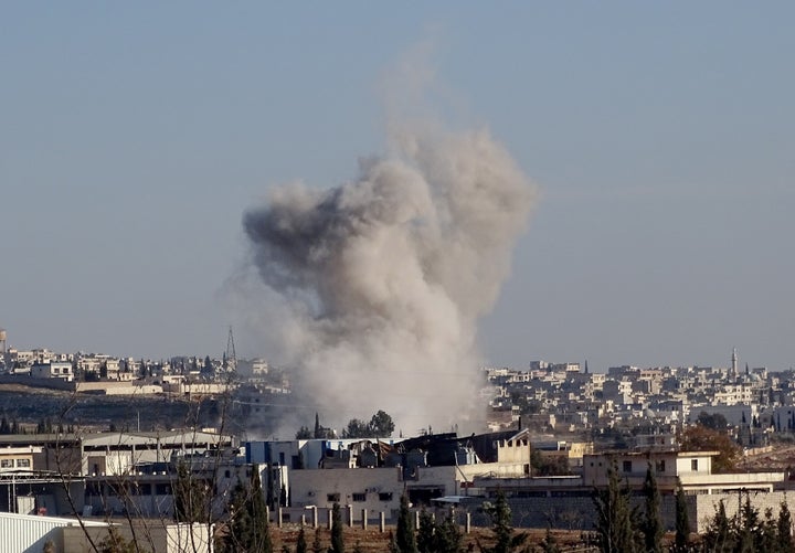 Smoke rises after Russian airstrikes hit residential areas in Tal Rifaat District of Aleppo, Syria on February 09, 2016.