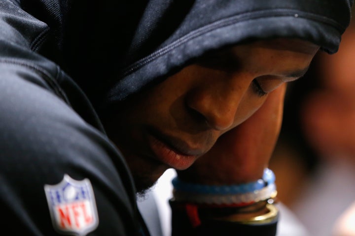 Cam Newton was visibly upset during his Super Bowl postgame press conference on Feb. 7, 2016 in Santa Clara, Califo