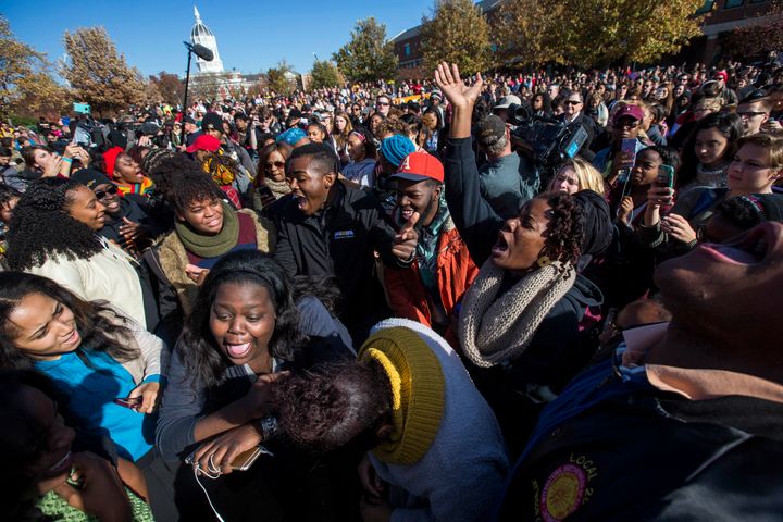 Students celebrate in November after Mizzou's president resigned under pressure over his response to racism on campus.