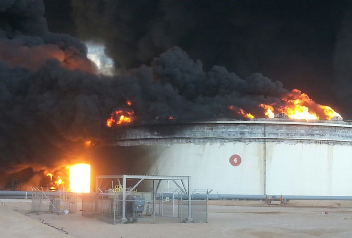 An oil storage tank set ablaze after ISIS tried to capture oil export facilities in Libya in January.