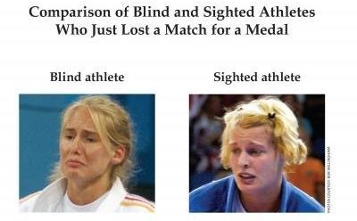Photos show comparison of facial expressions by blind and sighted athletes who just lost a match for a medal.